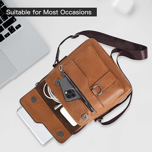 Retro Style Vertical Sloping Backpack – Fashionable Brown Crossbody Bag with Adjustable Strap & Multiple Compartments
