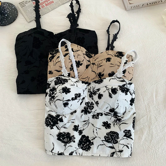 ITOOLIN Women Sweet Elastic Camis Underwear Padded Bra Spaghetti Cute Crop Tops Print Tank Tops For Women Summer 2024