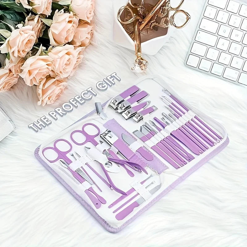 30Pcs Nail Clipper Set Purple Set Manicure Set Anti Splash Fingernail Cutter Stainless Steel Nail Scissor Cuticle Tools