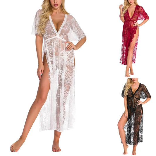 2024 Sexy Women Lingerie Lace Night Dress Sleepwear Nightgown Bandage Deep V Briefs See Through Sexy Sheer Sleep Dress