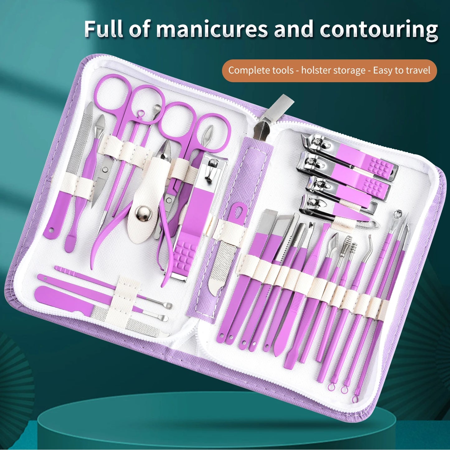 30Pcs Nail Clipper Set Purple Set Manicure Set Anti Splash Fingernail Cutter Stainless Steel Nail Scissor Cuticle Tools