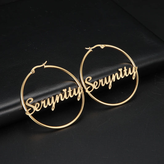Sipuris Stainless Steel Personalized Customize Name Hoop Earrings Jewelry For Women Girls Circle Earring Fashion 30-60 MM