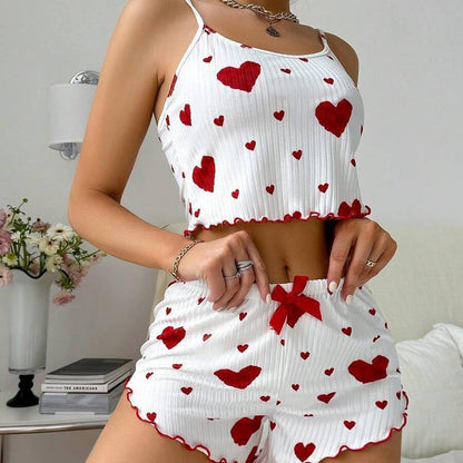 Gifts Knitted Love Printed Women Summer Sleeveless Short Two Piece Pajamas Set Sexy Women's Homeware