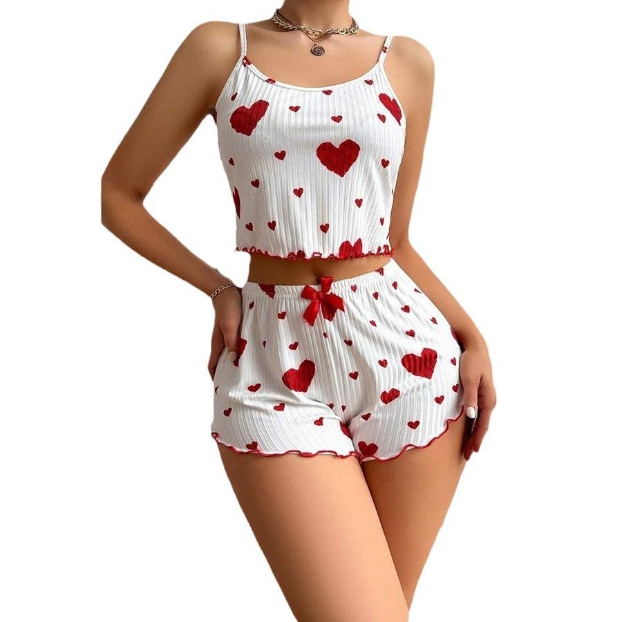 Gifts Knitted Love Printed Women Summer Sleeveless Short Two Piece Pajamas Set Sexy Women's Homeware