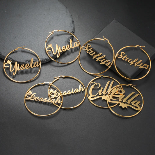 Sipuris Stainless Steel Personalized Customize Name Hoop Earrings Jewelry For Women Girls Circle Earring Fashion 30-60 MM