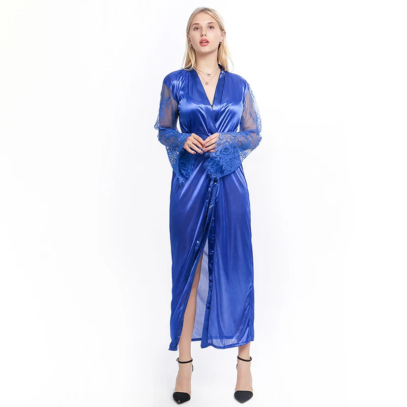 Womens Nightdress Sexy Long Polyester Lingerie Nightwear Bath Robe Gown Imitation Ice Silk Nightdress Solid Color Nightgown Thin
