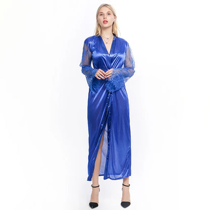 Womens Nightdress Sexy Long Polyester Lingerie Nightwear Bath Robe Gown Imitation Ice Silk Nightdress Solid Color Nightgown Thin