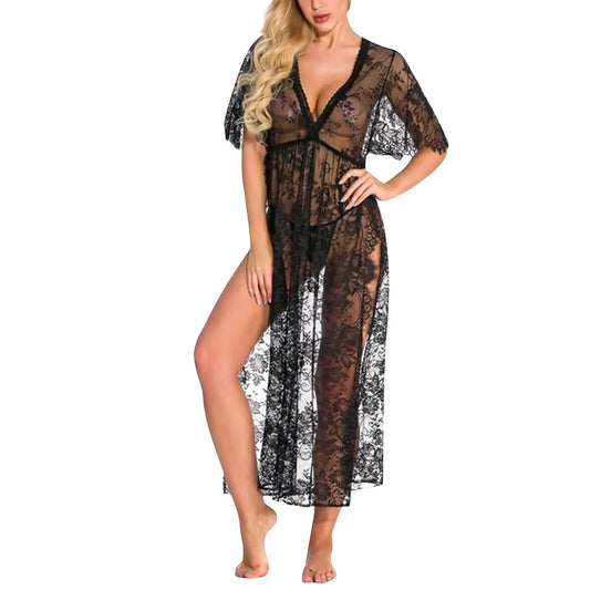 2024 Sexy Women Lingerie Lace Night Dress Sleepwear Nightgown Bandage Deep V Briefs See Through Sexy Sheer Sleep Dress
