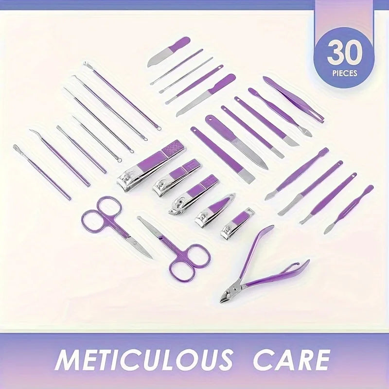 30Pcs Nail Clipper Set Purple Set Manicure Set Anti Splash Fingernail Cutter Stainless Steel Nail Scissor Cuticle Tools
