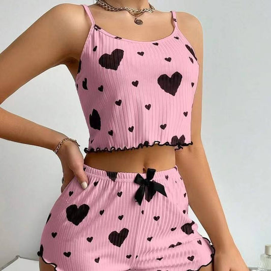 Gifts Knitted Love Printed Women Summer Sleeveless Short Two Piece Pajamas Set Sexy Women's Homeware