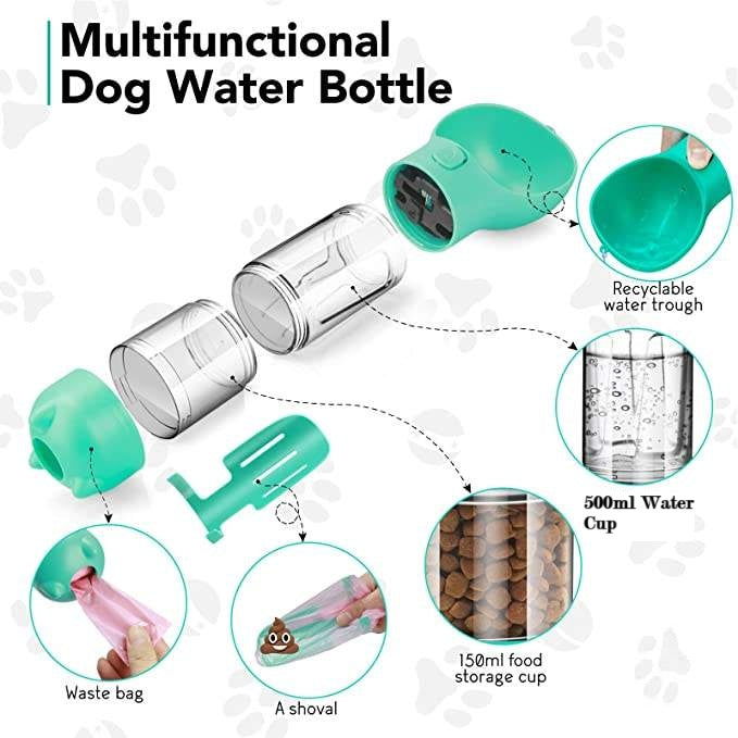 Multifunctional 4-in-1 Portable Pet Water Bottle Feeder With Waste Bag and Poop Scoop Dog Outdoor Travel Drinking Bowl