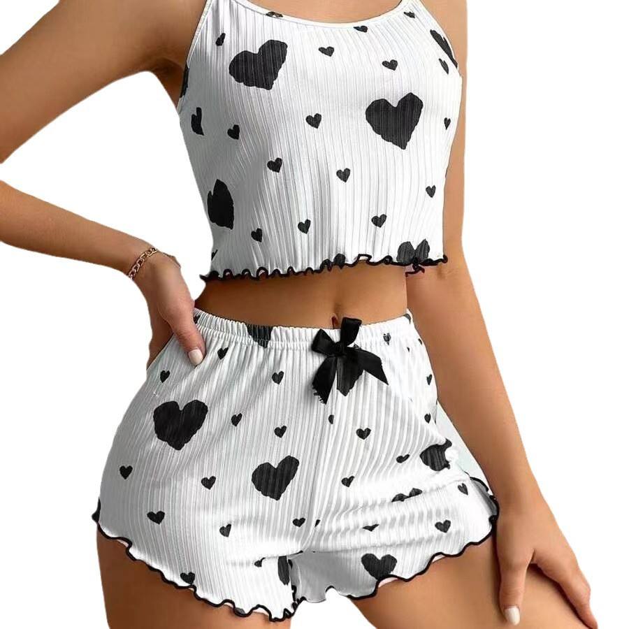 Gifts Knitted Love Printed Women Summer Sleeveless Short Two Piece Pajamas Set Sexy Women's Homeware