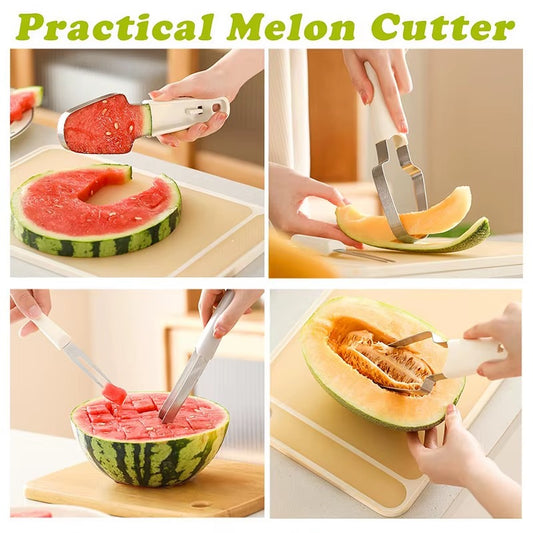 Stainless Steel 3-in-1 Fruit Cutter & Watermelon Slicer – Multifunctional Popsicle Cutter with Fork